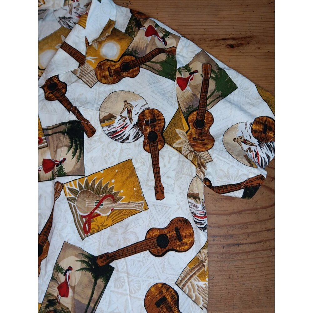 Vintage Hilo Hattie Womens L Hawaiian Aloha Shirt Button Up Ukulele Surf Ocean - Picture 2 of 6